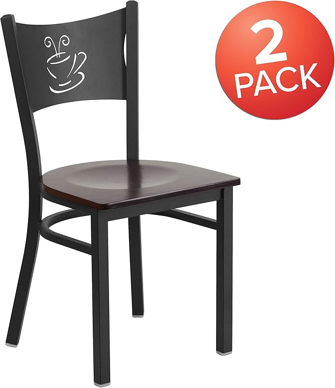 Flash Furniture 2 Pk. HERCULES Series Black Coffee Back Metal Restaurant Chair - Walnut Wood Seat