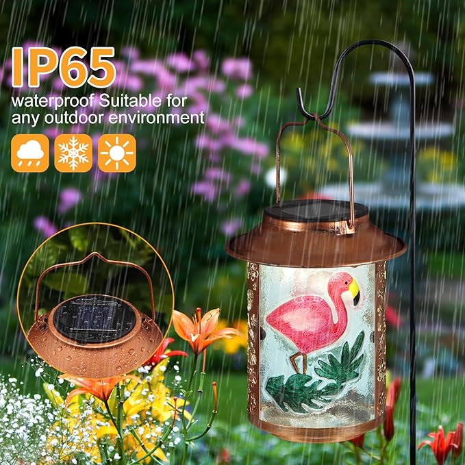 Flamingo Solar Lanterns Outdoor Waterproof,Birthday Gifts for Women Mom Grandma Garden Decor,Hanging Solar Lights Wall Mount Decorations for Yard,Front Porch,Patio,Lawn Pathway Landscape
