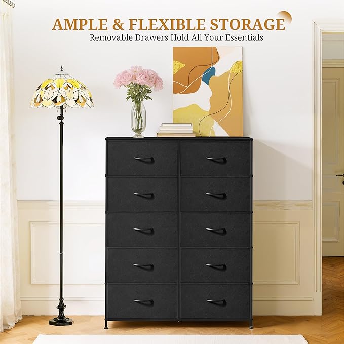 10-Drawer Fabric Dresser, Chest of Drawers Clothes Cabinet for Closet & Bedroom, Storage Organizer with Steel Frame for Entryway, Dorm, Living Room, Black