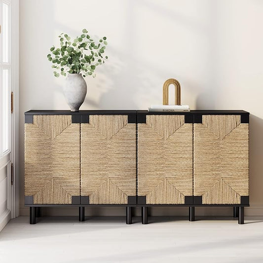 Nathan James Beacon Accent Natural Sideboard Storage Cabinet TV Stand in Wire-Brushed Wood with Adjustable Interior Shelf and Seagrass Doors, for Hallway, Entryway or Dining Room, Black, Set of 2