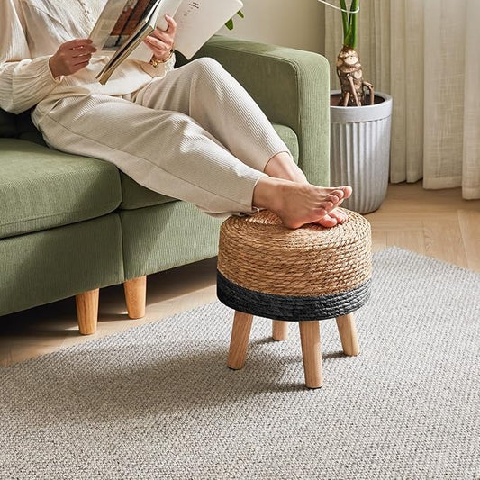 YMYNY Foot Stool Natural Seagrass Hand Weave, 12.6" Small Ottoman, Round Footrest for Living Room, Bedroom, Entryway, Change Shoes Stool, Non-Skid Wood Legs, Boho, Natural+Black UHBD027B