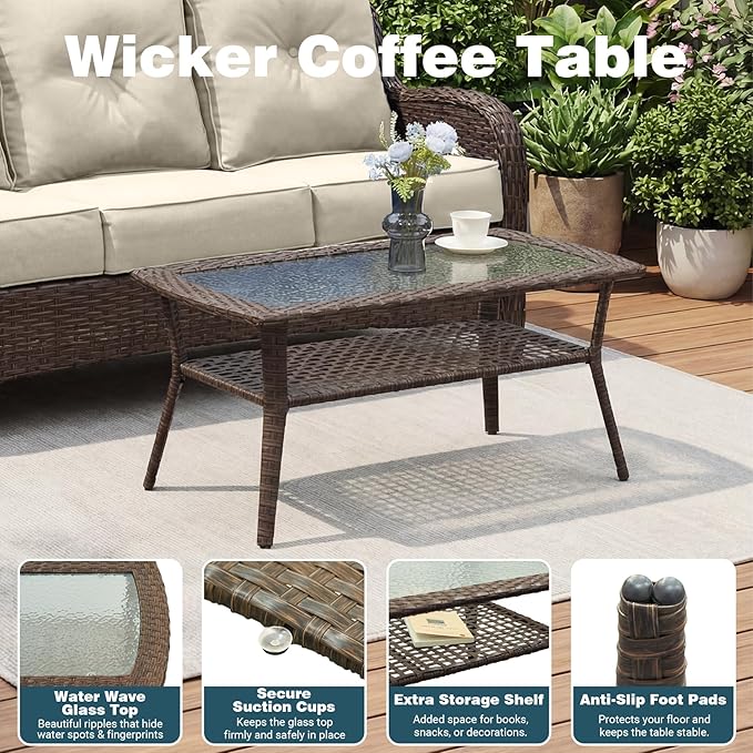 Patio Furniture Set, 7PCS Outdoor Wicker Conversation Set with 6" Thick Cushions, High Back Rattan Sofa & Swivel Rocker Chairs, Weather Resistant Olefin Fabric for Garden, Poolside, Beige