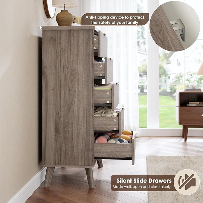 Garvee 5 Drawers Dresser for Bedroom, 47.2" Tall Dressers with Curved Profile Design, Fluted Wood Drawers with Gold Handle, Modern Chest of Dressers with Thickened Design for Living Room, Grey