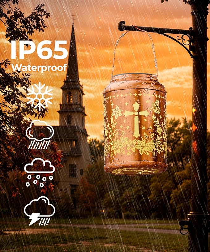 Solar Lanterns Outdoor Waterproof Decorative Garden Solar Lights Outdoor,Hanging Hollow Out Metal Ornaments Decor for Outside Lawn,Patio,Balcony,Yard Unique Gifts for Women Christian Cross