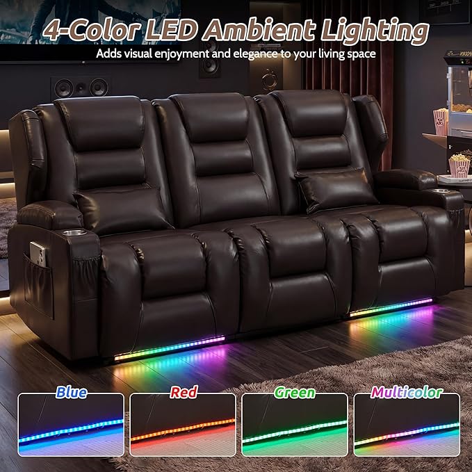 SAMERY Power Loveseat Recliner Sofa, Wall Hugger Reclining Loveseat Sofa, Movie Home Theater Seating with Flip-Backrest, Solid Wood Top, Ambient LED Lights, USB-C, Outlets, Faux Leather, Brown | Extra Wide Seat, Plush Padding, Dual Power Recline, Flip-...