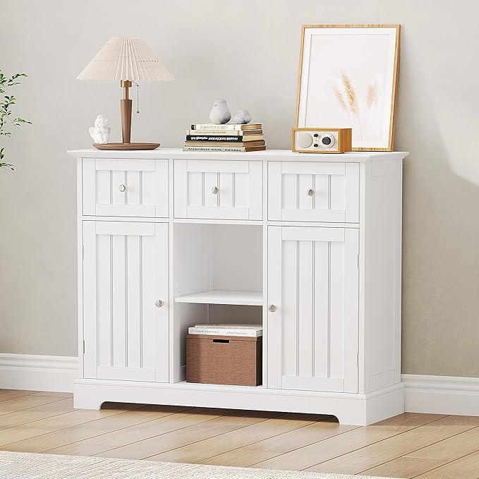 ChooChoo Buffet Cabinet, Coffee Bar with Drawers and Doors, Sideboard Storage with Shelves for Kitchen, Dining Room, Living Room, White