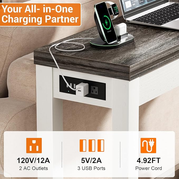 Cyclysio 47" Console Tables for Entryway, Narrow Console Tables for Living Room, Behind Couch Table, Sturdy Wood Support Hallway Table with 3AC+2USB Charging‌ Station, Oak