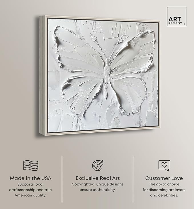 Art Remedy White Butterfly Canvas Elegant White Gold Wall Art, Silver Frame, 20" x 20"
