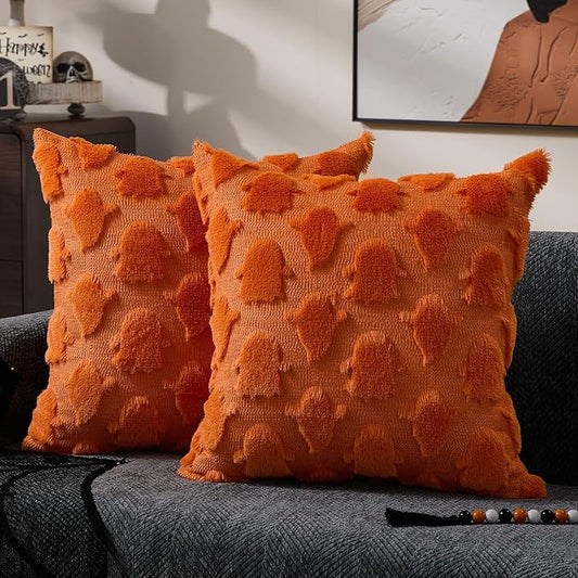DFXSZ Halloween Pillow Covers 18x18 inch Set of 2 Orange Ghost Throw Pillow Cases Soft Plush Faux Fur Wool Couch Cushion Case for Chair Sofa Bedroom Living Room Home Decor PTK03S18