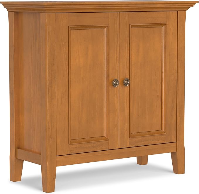 SIMPLIHOME Amherst Storage Cabinet - 32 inch Wide Solid Wood 2-Shelf Low Storage Unit in Light Golden Brown, Transitional Console or Accent Cupboard for Living Room or Entryway with Adjustable Shelves