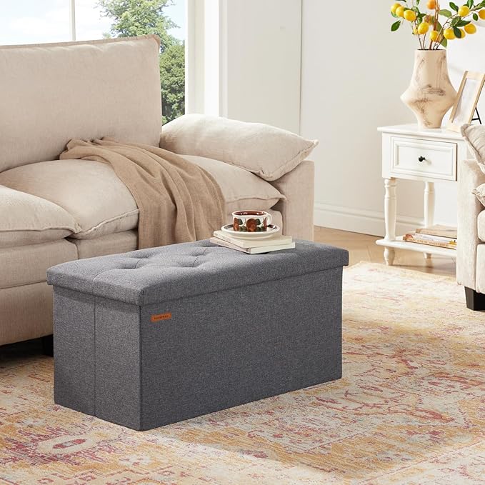 HAUSFRAU - Storage Ottoman Bench, 30 Inches Button Tufted Upholstered Ottoman Footstool with Storage for Living Room Bedroom Entryway, Load 660 lb, Linen Dark Gray
