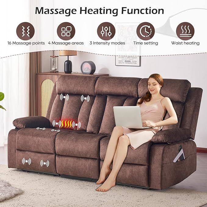 Velvet Power Recliner Sofa Living Room Set, Electric Loveseat Reclining Sofa Couch Set with Massage & Heat/Console/Cup Holder/USB & Type C, Modern Living Room Furniture Sofa Set (Brown)
