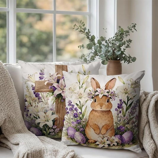 Easter Bunny Throw Pillow Covers 22x22 Set of 2 Watercolor Purple Floral Cross Pillow Covers Spring Lily Flowers Rabbit Farmhouse Decorative Throw Pillows for Home Couch Sofa Bed Porch Decor