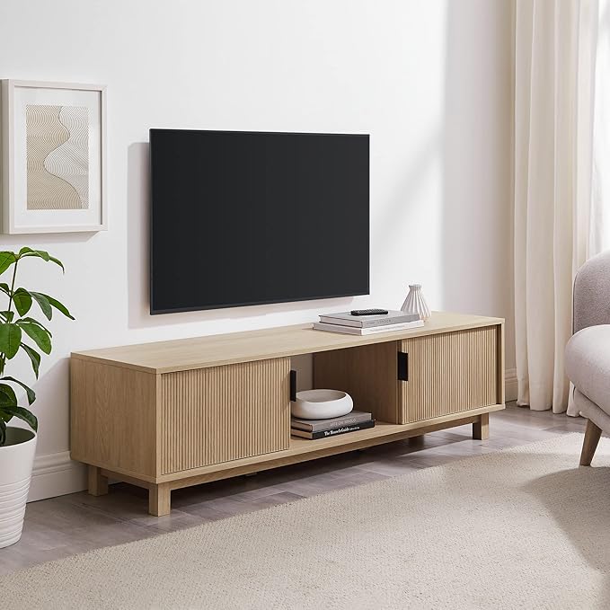 Walker Edison Arundo Fluted TV Stand for TVs up to 65 Inches, 58" TV Stand, Coastal Oak