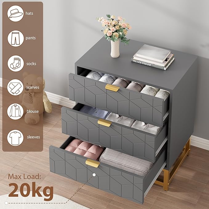 GAOMON 3 Drawer Dresser, Wood Chest Drawers with Storage for Closet, Bedroom, Drawers Dresser Modern Bedside Nightstand with Gold Handles, Grey