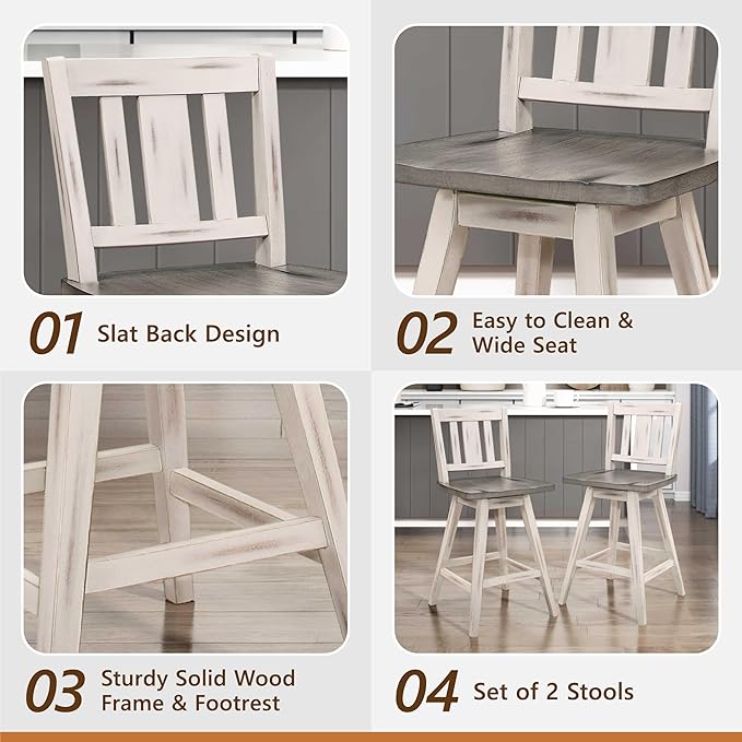 Lexicon Counter Height Stools Set of 2-Solid Wood Frame 360° Swivel Wooden Stools, Foot Rest, Slat Back, Wide Seat, Distressed Farmhouse Easy to Clean Finish, 24" SH, Antique White/Grey