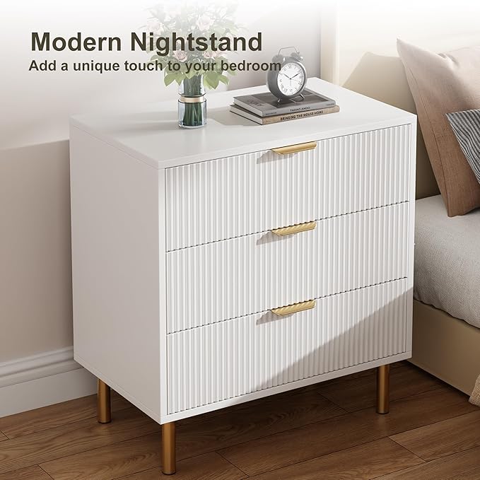 IDEALHOUSE White Dresser, Modern 3 Drawer Dresser for Bedroom with Gold Handle and Large Drawer, Wood Double Chest of Drawers and Storage Organizer for Living Room, Hallway, Entryway