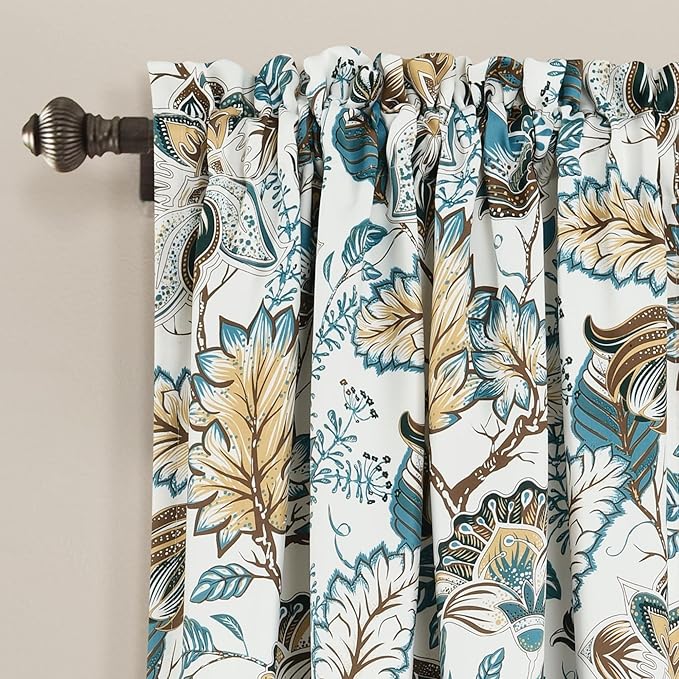 Lush Decor Cynthia Jacobean Light Filtering Window Curtain Panel Pair, 95" x 52" + 2" Header, Turquoise/Neutral