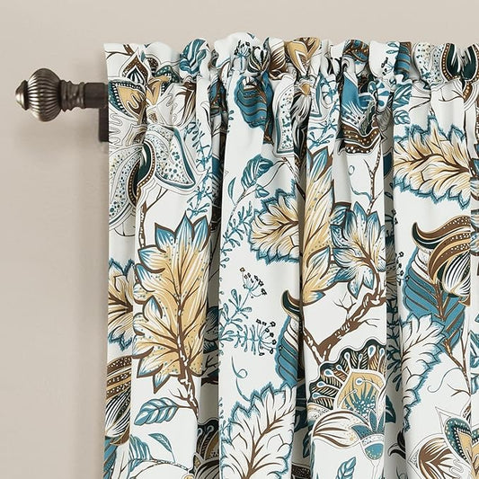 Lush Decor Cynthia Jacobean Light Filtering Window Curtain Panel Pair, 95" x 52" + 2" Header, Turquoise/Neutral