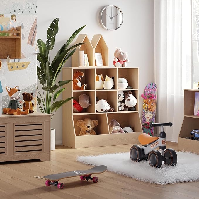 DINZI LVJ Toy Storage Organizer, Kids Bookshelf, Wood Toy Storage Cabinet, 3-Tier 8 Cubby Children Bookcase, 39.4" L Toddler Book Shelf for Playroom, Living Room, Nursery, Hallway, School, Natural