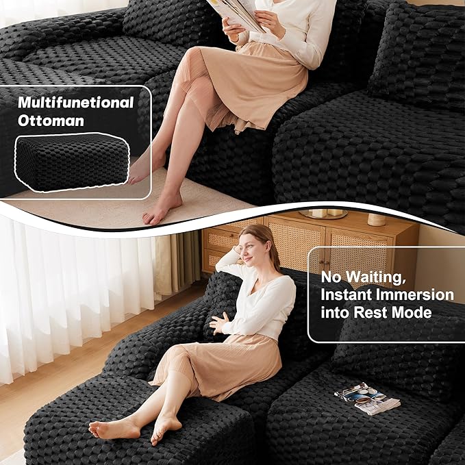 KEIKI 81.9" Loveseat Boneless Couches for Small Living Room, Space Saving Modular Sectional Velvet Sofa with Ottoman, Deep Seat Comfy Chaise Lounge Indoor for Apartment Furniture, Modern Decor, Black