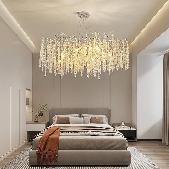 Modern Tree Branch Chandeliers Chrome D39.4'', Crystal Raindrop Chandelier for Living Room, Round Art Deco Lighting Fixture for for Dining Room Foyer Bedroom 15 Lights