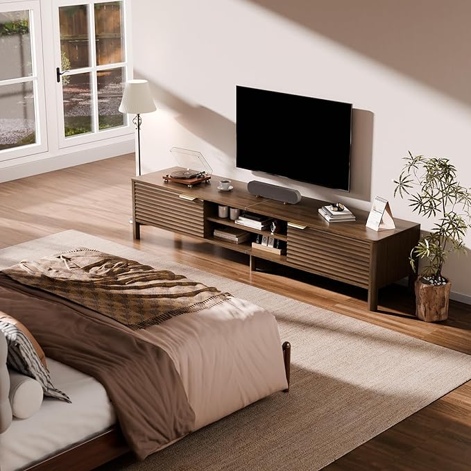 TV Stand for Living Room - up to 80 Inch TVs Mid Century Modern Entertainment Center with Storage and Adjustable Shelves, Media Console Table Walnut 71"