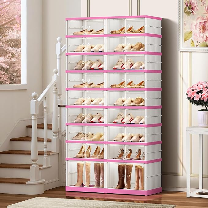 9-Tier Foldable Shoe Rack Organizer for Closet,36 Pairs Collapsible Plastic Shoe Shelf,Large Shoes Cabinet with Door,Clear Stackable Storage Box Easy Assembly（White-Pink）