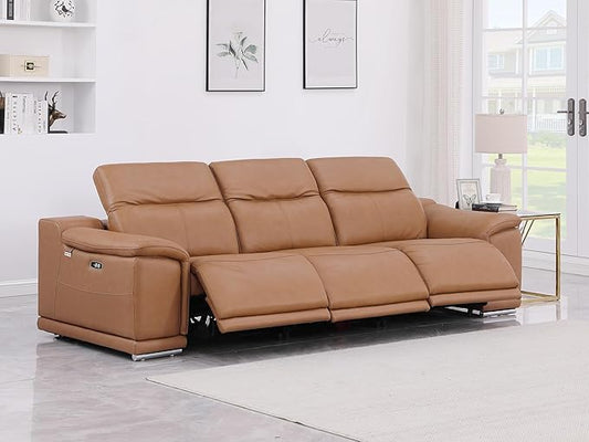 BlackJack Furniture Venice Top Grain Italian Leather Power Recline 3 Piece Sofa - 107" Theater Seating Modern Couch for Living Room Apartment Lounge Home with Adjustable Headrests & USB Port, Cognac