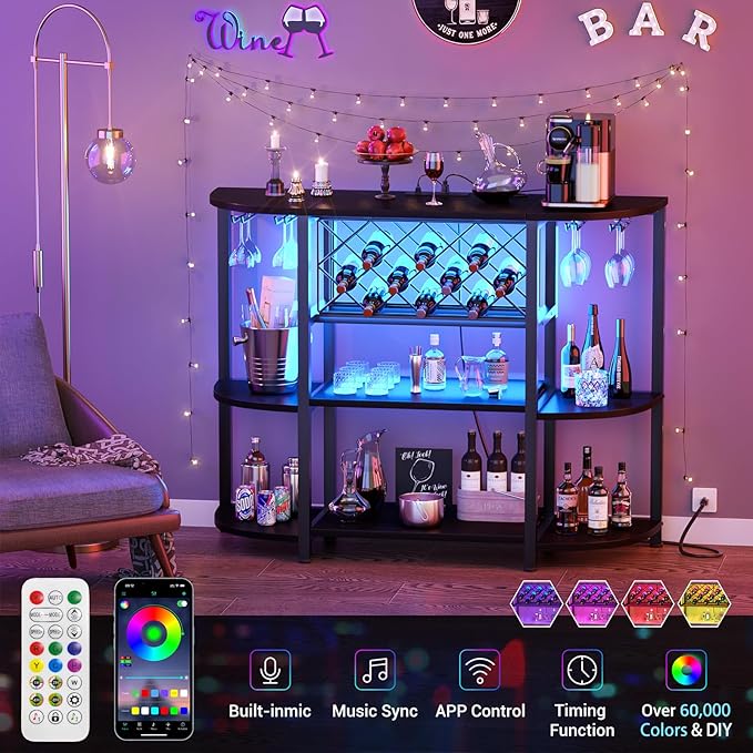 Unikito 4-Tier Metal Coffee Bar Cabinet with Outlet and LED Light, Freestanding Floor Bar Table for Liquor with Glass Holder and Wine Storage, Wine Table Bakers‘ Rack for Kitchen Dining Room, Black