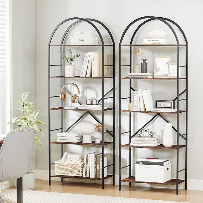 Arched Tall Bookshelf, 5 Tier Narrow Bookcase, Display Stand Book Shelf, Wide Bookshelves with 4 Hooks for Living Room, Home Office, Black and Brown