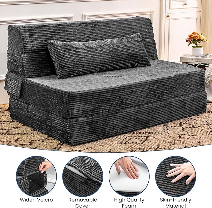 Cvortll Folding Sofa Bed, Convertible Sleeper Chair with Pillow, High Density Memory Foam Fold Out Couch, Foldable Mattress Futon Sofa for Living Room/Dorm/Guest Use/Apartment/Home Office