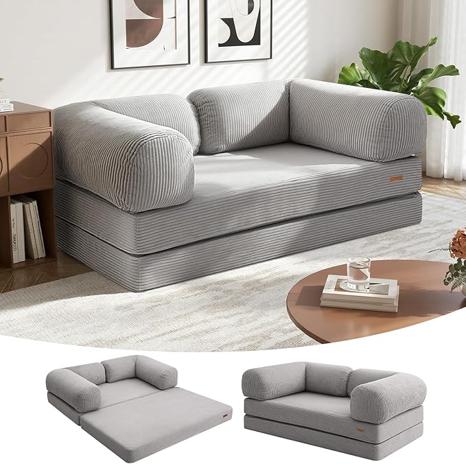 COMAX Futon Sofa Bed, 4-in-1 Floor Foldable Sofa Couch Bed with L-Shaped Armrests, Convertible Folding Chair Bed Sleeper Mattress Fold Out Lounge for Living Room Bedroom, Light Grey