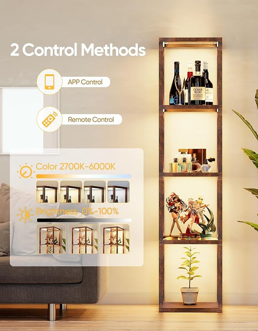 PARTPHONER Floor Lamp Glass Display Shelf with Remote/APP Control, Dimmable LED Floor Lamp with Shelves, Open Display Cabinet, Color Temp Control (2700K-6000K), Rustic Brown