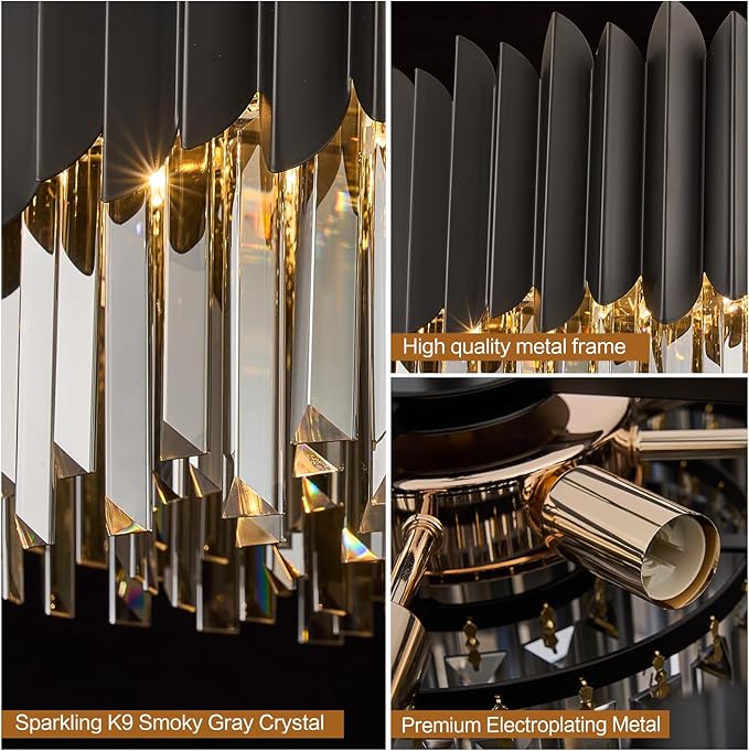 Black Crystal Chandelier 23.62'' K9 Smoke Crystal Round Pendant Lights 8 Lights 5-Tier Large Modern Chandelier for Dining Room Living Room Bedroom Foyer Entryway