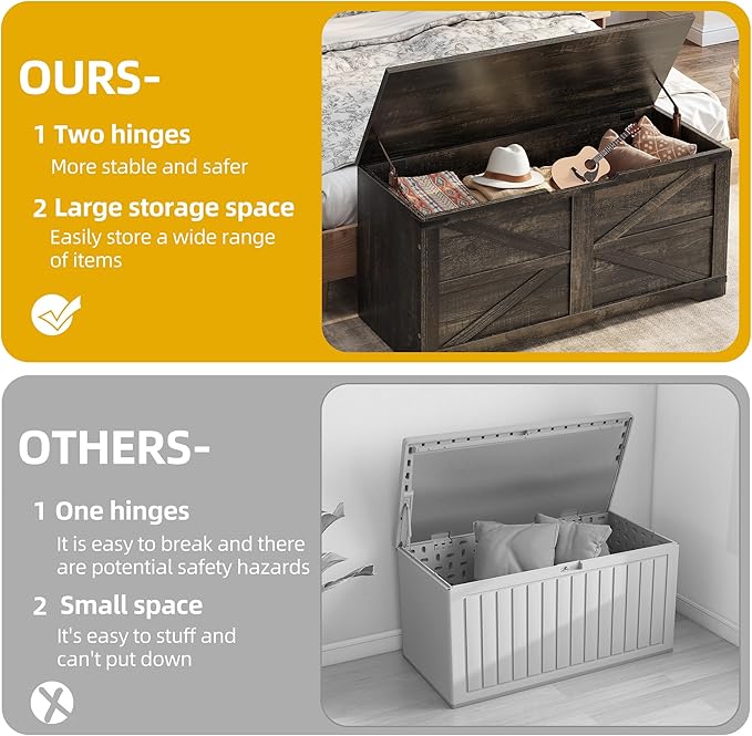 DWVO Wooden Storage Bench, Farmhouse Storage Chest with Safety Hinges, Entryway Shoe Organizer, Multi-Use Storage for Living Room/Bedroom, 39.4" L, Dark Rustic Oak