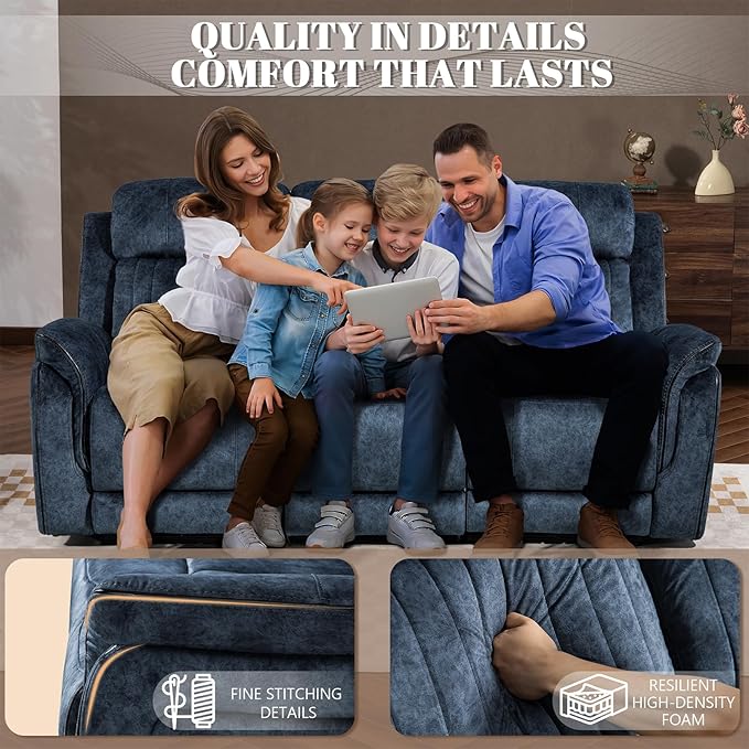 Zero Gravity Power Reclining Sofa Set, 3-Seater Reclining Couch with Drop Down Table + 2-Seater Power Loveseat Recliner with Console, Adjustable Headrests, Living Room Furniture (Velvet, Blue)