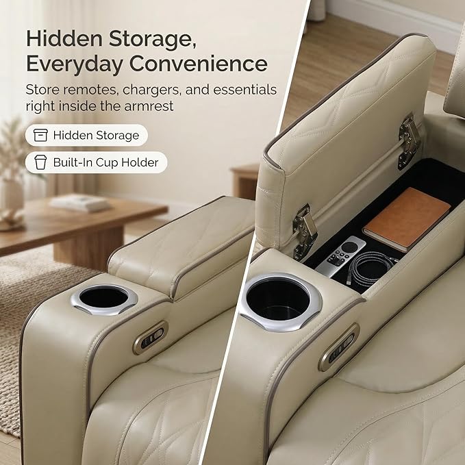 Power Reclining Sectional Sofa, Beige Breathing Leather Recliner Couch with LED Light, Cup Holders, Storage Console, Wireless Charging, USB & Type-C for Living Room Home Theater