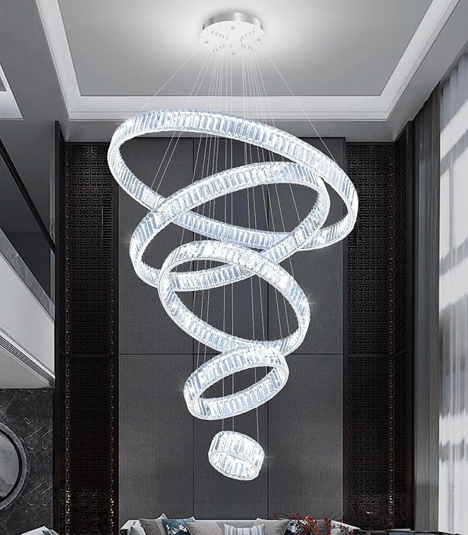 Large Ring Crystal Chandelier Modern Dimmable Chandelier High Ceiling Chandelier Round LED Ceiling Light Fixture for Foyer Long Stair Big Chandelier Silver 8''+16''+24''+32''+40''