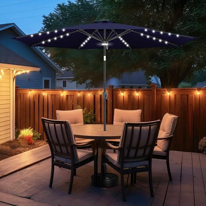 FLAME&SHADE 10 FT Solar Light Patio Umbrella, 40 LED lights outdoor umbrella with Centre Surround Light, Table Market Umbrella for Deck, Pool, Porch, Backyard, Garden, UV Protection, Navy Blue