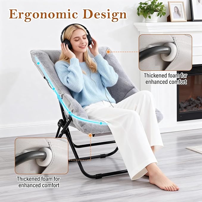 Comfy Dorm Chair - Oversized Folding Saucer Chair with Soft Faux Fur, Metal Frame, for Bedroom, Living Room, Balcony, Patio, Study, Playroom (Grey)