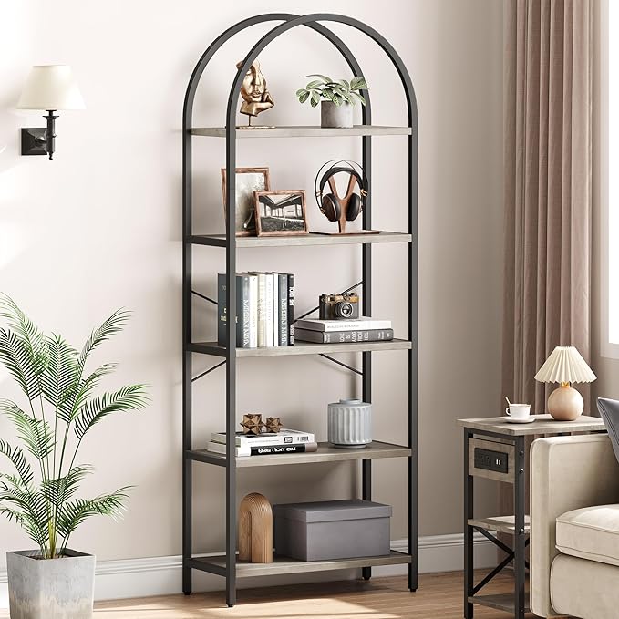 GarveeHome Arched Bookshelf 5 Tier Tall Bookcase Modern Standing Bookshelves Metal Storage Rack Shelf Wood Book Shelf for Bedroom, Living Room, Home Office (Grey)