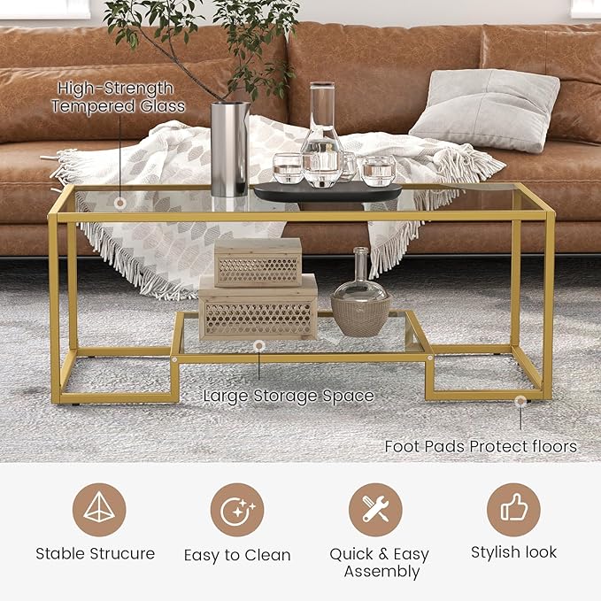 NAFORT Tempered Glass Coffee Table, 45 Inch Gold Rectangular Modern Center Table with Lower Storage Shelf