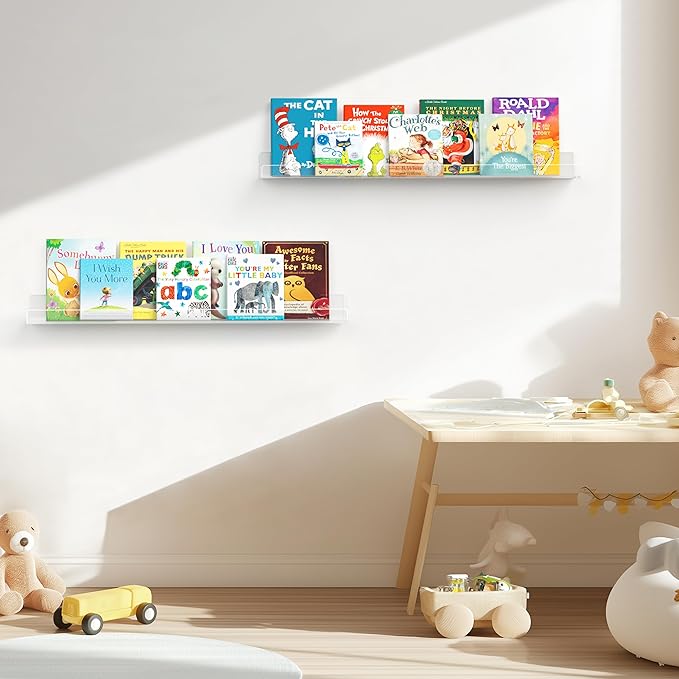 HBlife 36 Inches Invisible Wall Floating Bookshelf for Kids and Nursery, 16 Inch Stud Spacing Clear Acrylic Shelves for Figures, 3 Pack (5MM Thick)