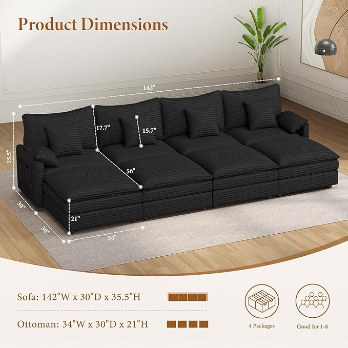 Vesgantti 142" Oversized Sectional Sofa Bed, 8-Seater Modular Sleeper Cloud Couch with Movable Ottoman, Corduroy Convertible Sofa Set Deep Seat Couches for Living Room, Bedroom and Apartment, Black | Sink-in Comfort, Height Adjustable, Easy Rearrangeme...