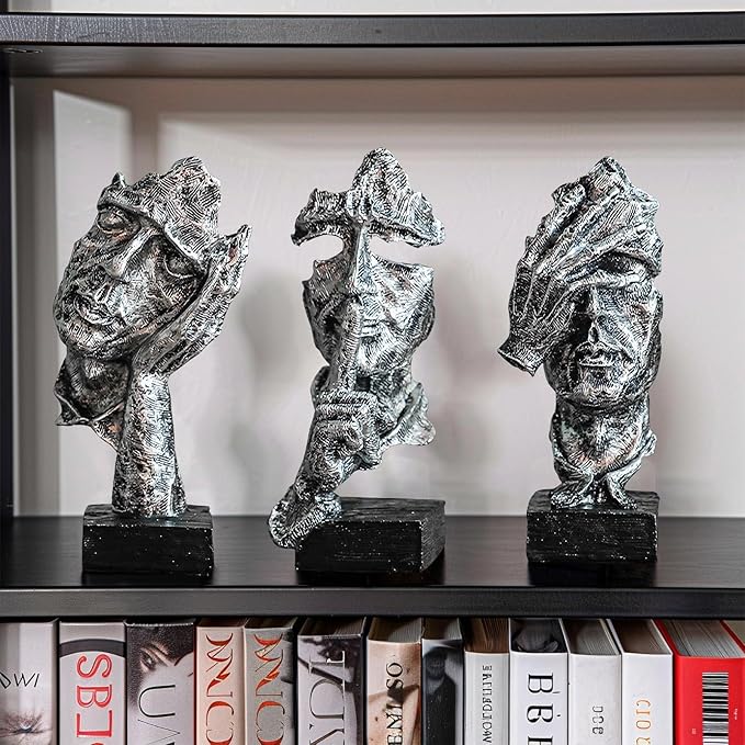 3 Pcs Thinker Statue, Silence is Silvery Abstract Art Figurine, Modern Home Resin Decorative Objects Decor for Home Office Bookshelf Desktop,No Hear No See No Speak Knick Knacks