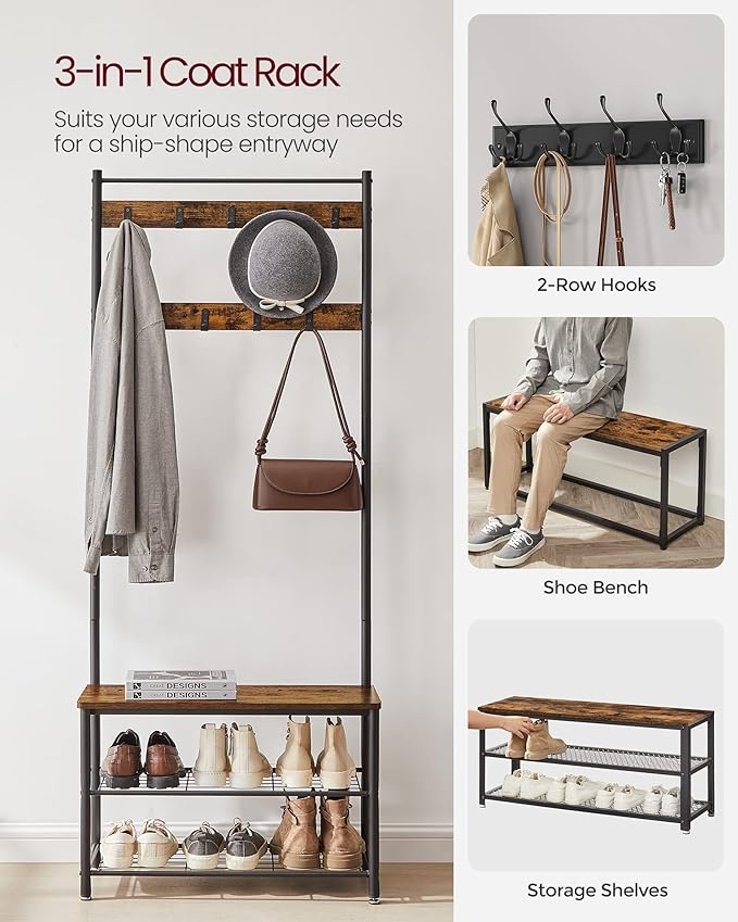 VASAGLE Coat Rack, Hall Tree with Shoe Storage Bench, Entryway Bench with Shoe Storage, 3-in-1, Steel Frame, for Entryway, 12.6 x 27.6 x 68.9 Inches, Industrial, Rustic Brown and Black UHSR41BX