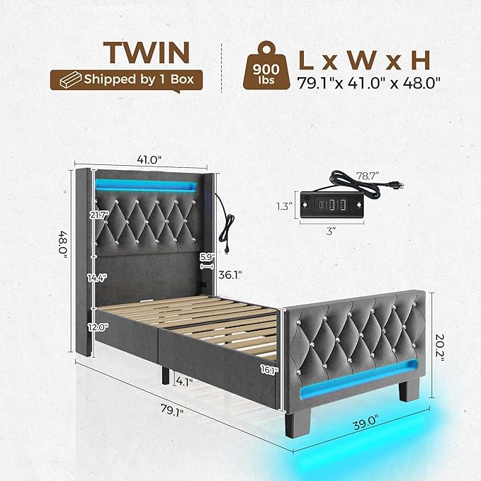 Rolanstar Twin Bed Frame with LED Light and Charging Station, Upholstered High Headboard and Footboard, Wood Slats, Noise Free, Easy Assembly, Grey