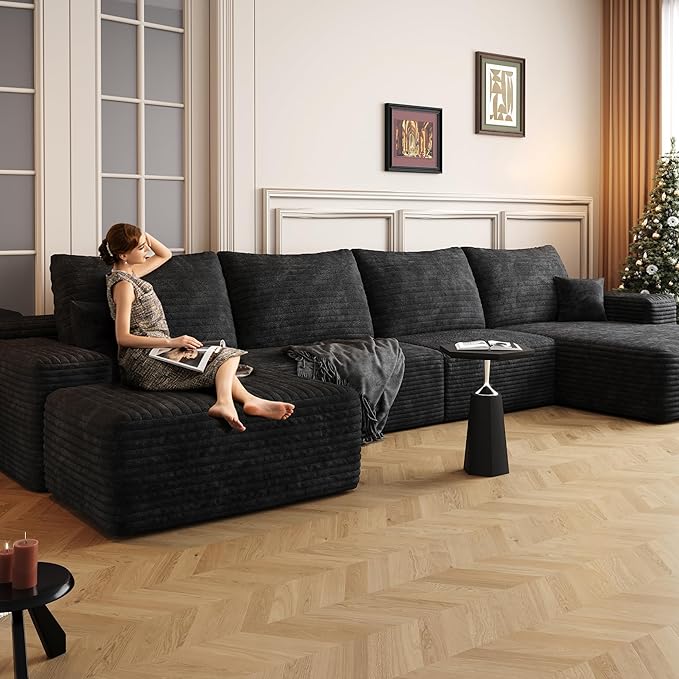 135" U Shaped Boneless Couch with Ottoman, Convertible Sleeper Compression Sofa, Corduroy Couch Sectional for Living Room Bedroom, Deep Seat Foam Cloud Sofas No Assembly, Right Facing Chaise, Black