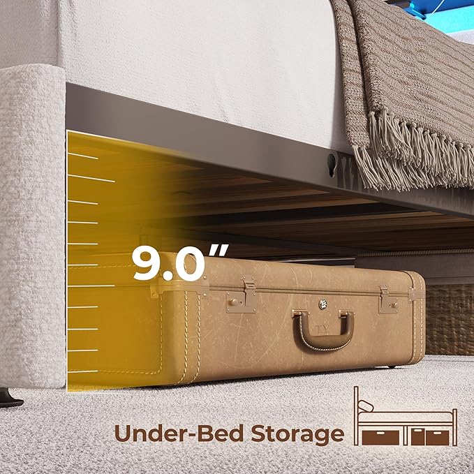 Rolanstar Full Size Bed Frame with LED Lights and Charging Station, Upholstered Headboard with 2-Tier Storage Shelves, Heavy Duty Metal Frame, Noise-Free Support, Easy Assembly, No Box Spring Needed